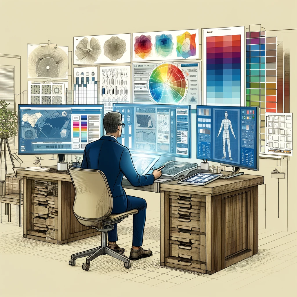 image depicting a modern design studio focused on color selection using technology