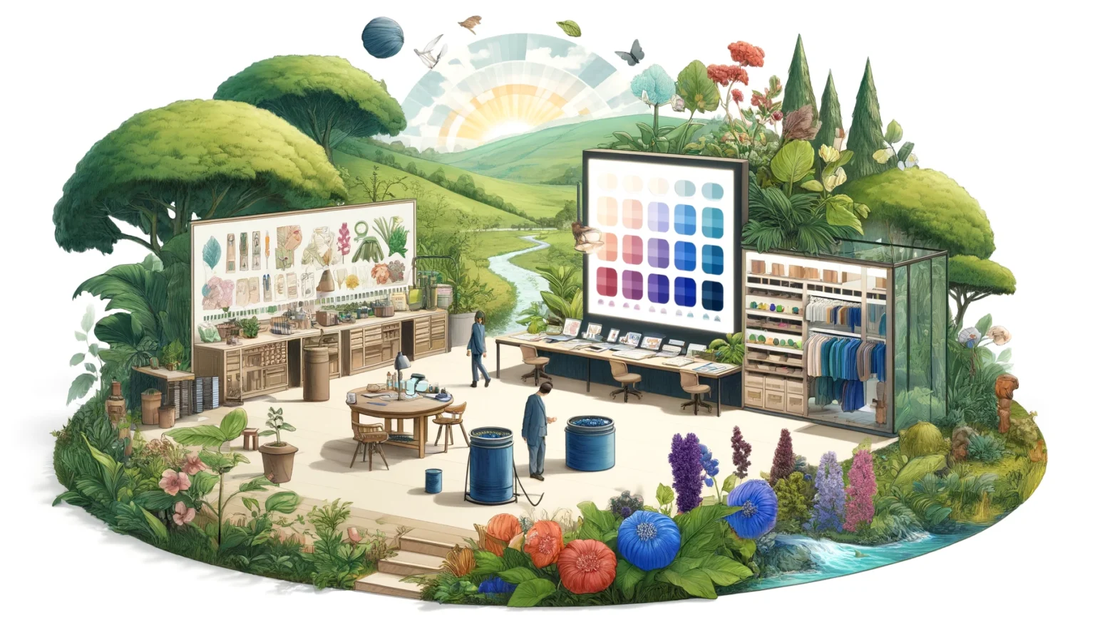 landscape illustration depicting sustainable practices in color theory within the fashion industry