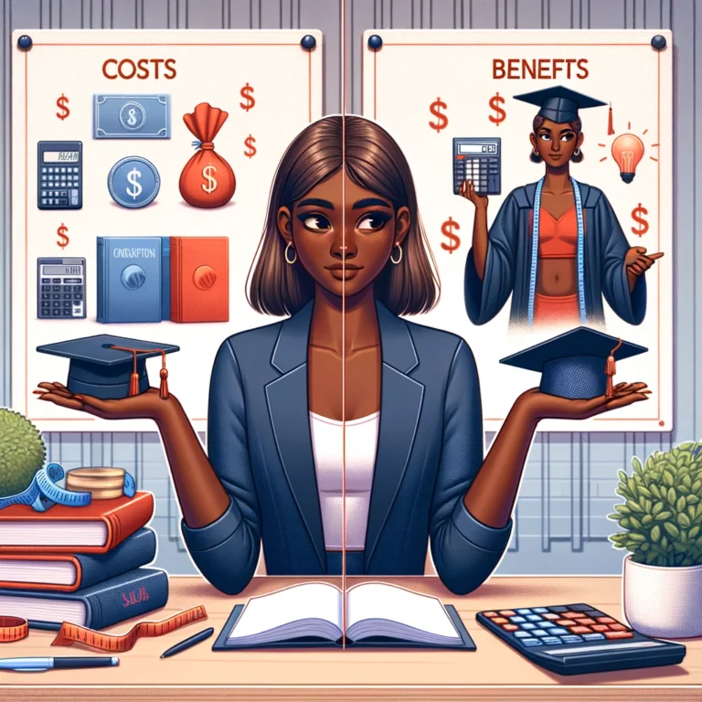 Illustration depicting a young professional weighing the costs versus benefits of an online fashion design course.